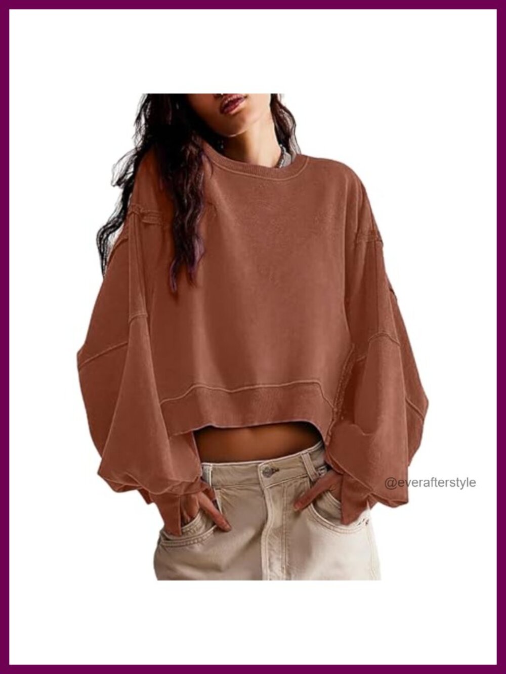 Womens Crewneck Cropped Sweatshirt Side Slit Loose Fit Long Sleeve Pullover
